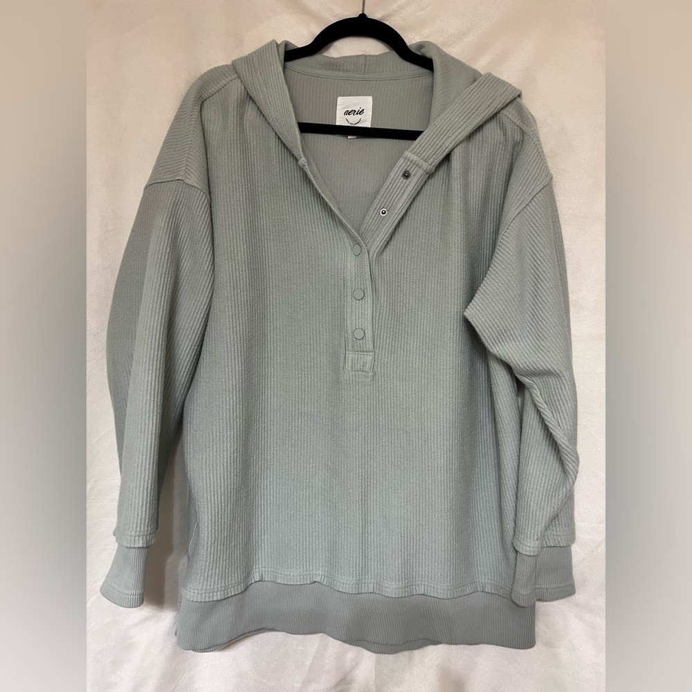 Aerie Women's Oversized Sage Green Ribbed Hoodie